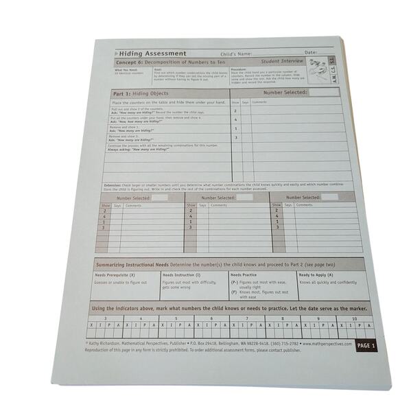 Hiding Assessment Book 6 Kathy Richardson 45 Student Form Assessing Math Concept - Picture 8 of 10